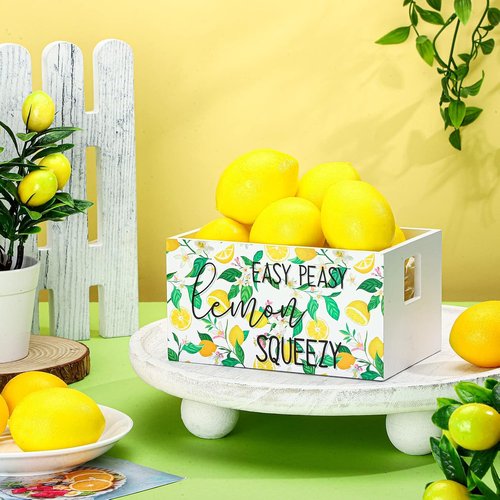 Marsui Lemon Decor Set - Mini Wooden Crate with 8 Realistic Fake Lemons | Rustic Summer Kitchen Decor