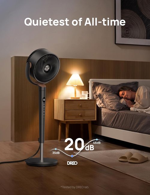 DREO Oscillating Floor Fan - Quiet 120Β° Pedestal Fan with 9 Speeds & 20dB Noise Level | Adjustable 37-42" Height