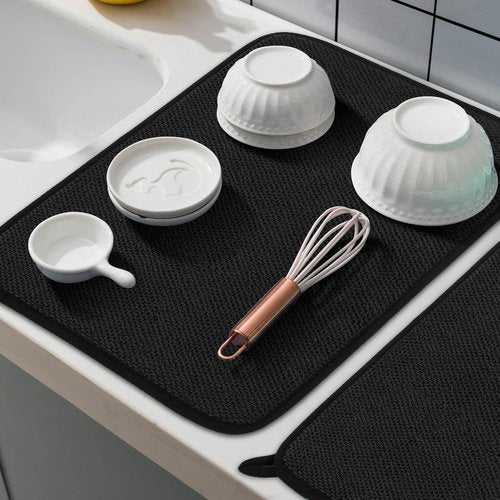 GeeRic Microfiber Dish Drying Mat - Super Absorbent Reversible Kitchen Pad | 12x16 Inch Black