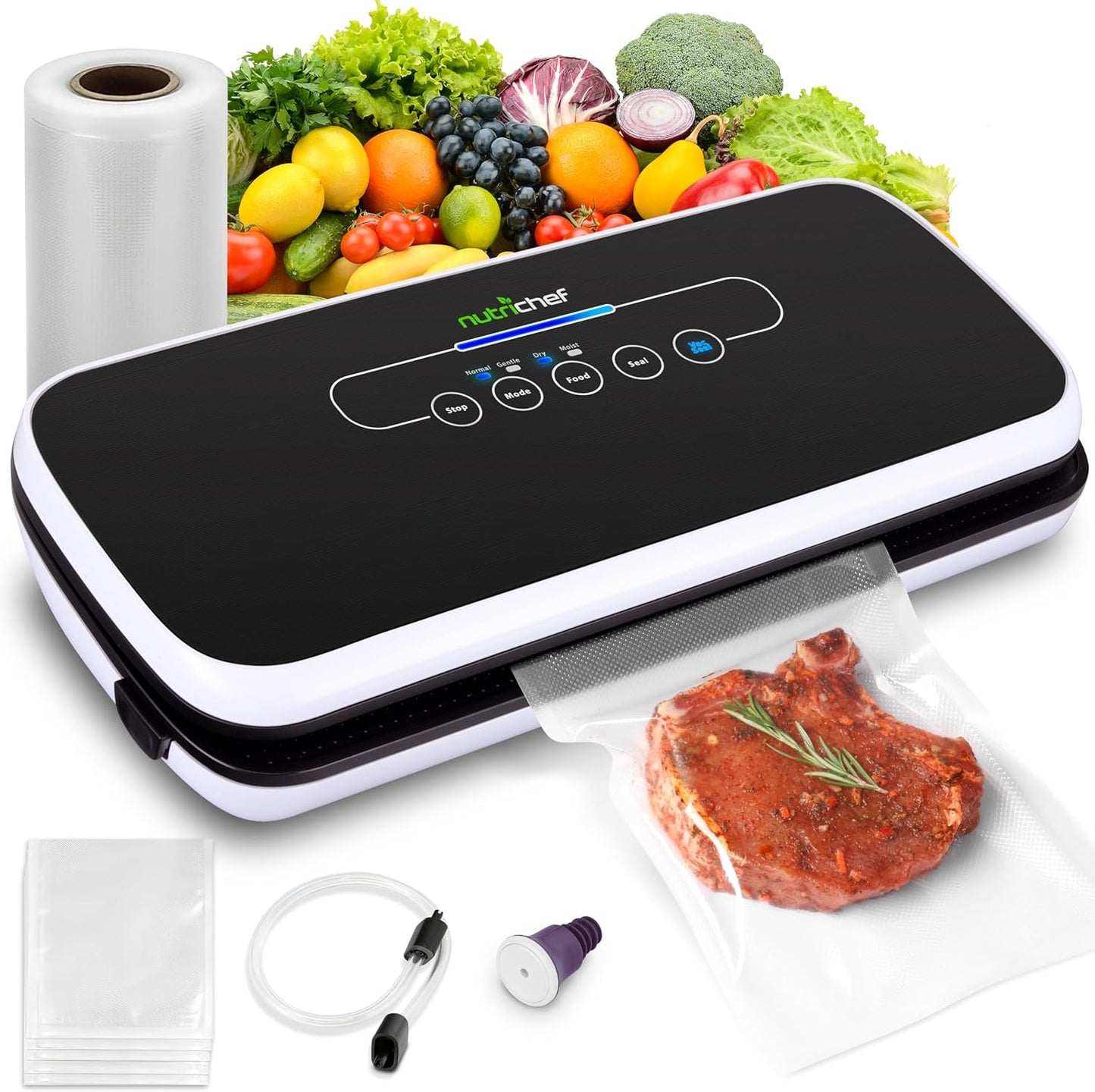 NutriChef Vacuum Sealing System - Automatic Food Preservation with Starter Kit, Compact Design, Black