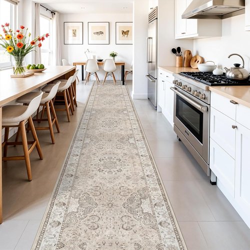 Hallway Washable Runner Rug - Vintage Non-Slip Soft Floor Mat for Entryway | 3x16 Beige