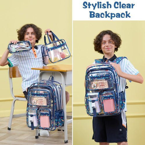 Fimibuke Clear Backpack - 3PCS Heavy Duty PVC Set with Lunch Box & Pencil Case | School Approved for Kids