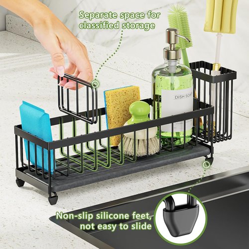 Cisily Extra Large Sink Caddy Organizer - Black Sponge & Dish Brush Holder for Kitchen Essentials