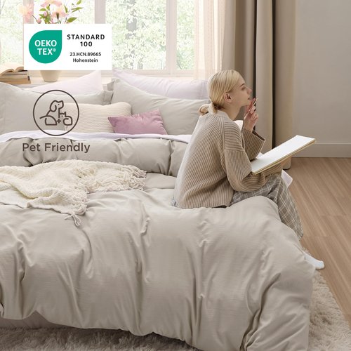 Bedsure Oversized Queen Duvet Cover - 3 Pieces Prewashed Cotton-Like Polyester Extra Soft Bedding Set, Includes 1 Duvet Cover 98x98 Inches with Zipper Closure & 2 Pillow Shams, Linen, No Comforter