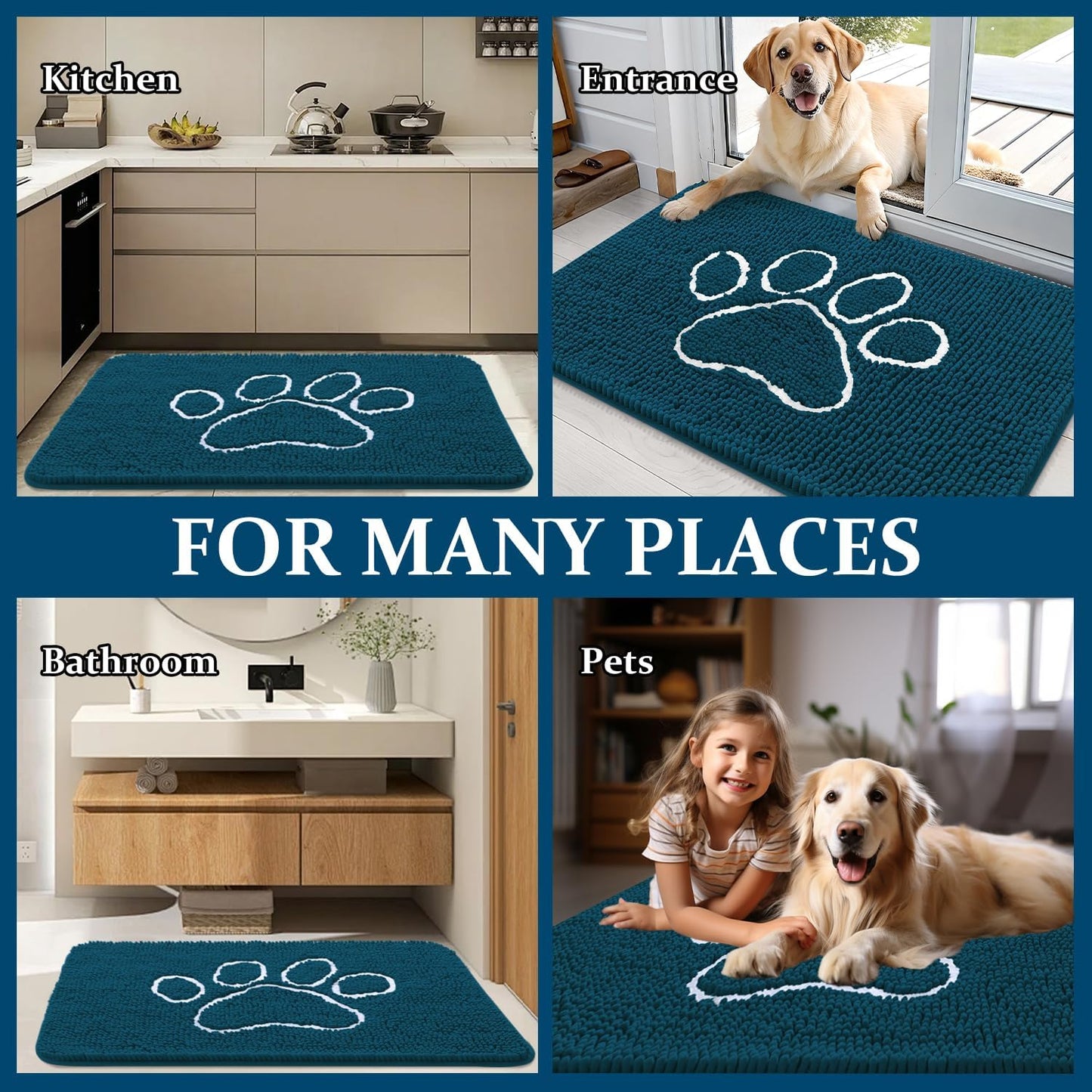 OLANLY Dog Door Mat - Absorbent Non-Slip Mud Mat for Muddy Paws | 47x32, Paw Print Design, Quick Dry Atlantic Blue
