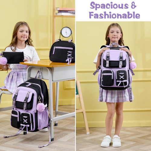 Fimibuke Girls Backpack Set - 3 PCS Waterproof with Lunch Box & Pencil Case | Perfect for School & Travel
