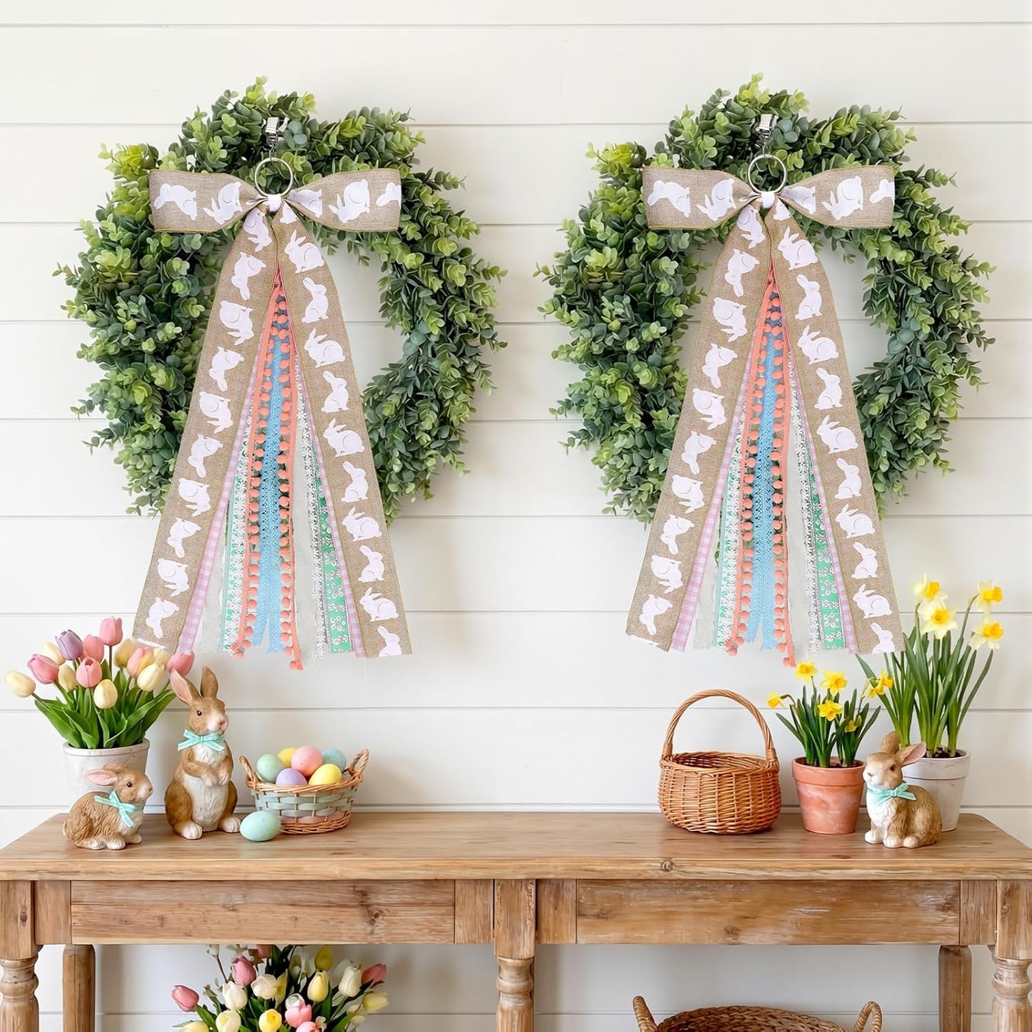 Suncalla Easter Ribbon Bows - Large Rabbit Decorations for Wreaths & Front Doors | 2 Pcs Set