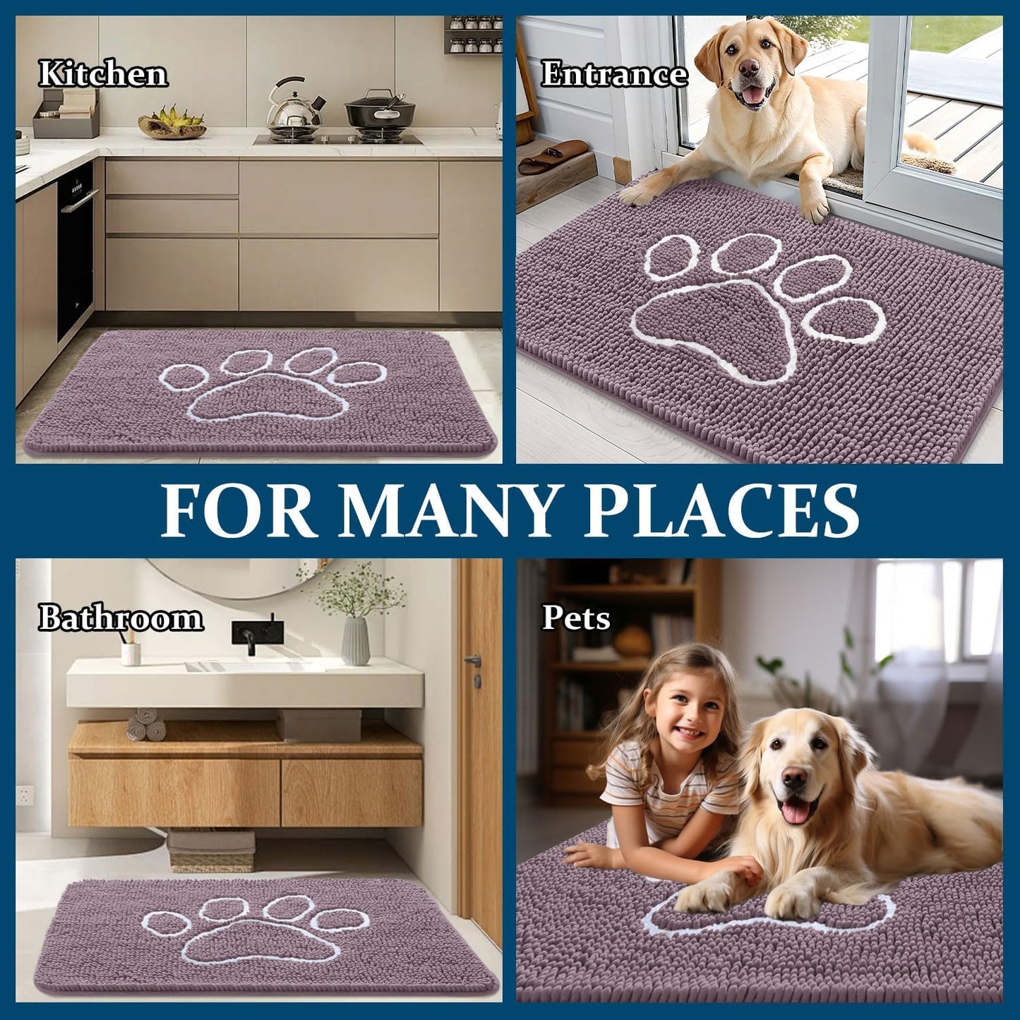 OLANLY Dog Door Mat - Absorbent Non-Slip Muddy Paws Doormat | 48x30, Quick Dry Chenille, Deep Plum