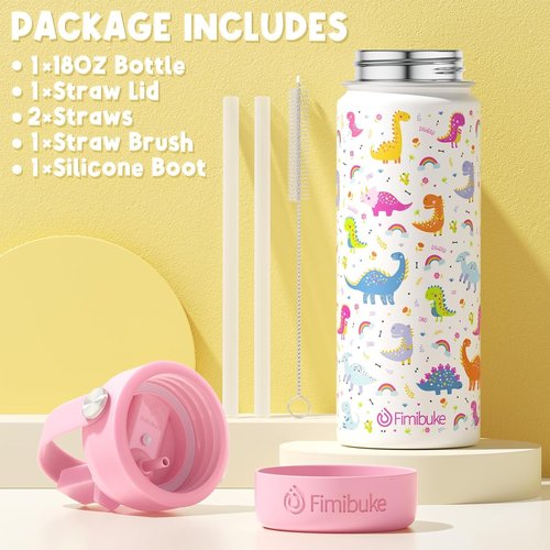Fimibuke Kids Insulated Water Bottle - 18oz BPA-Free Stainless Steel Tumbler with Straw | Leak-Proof Rainbow Design