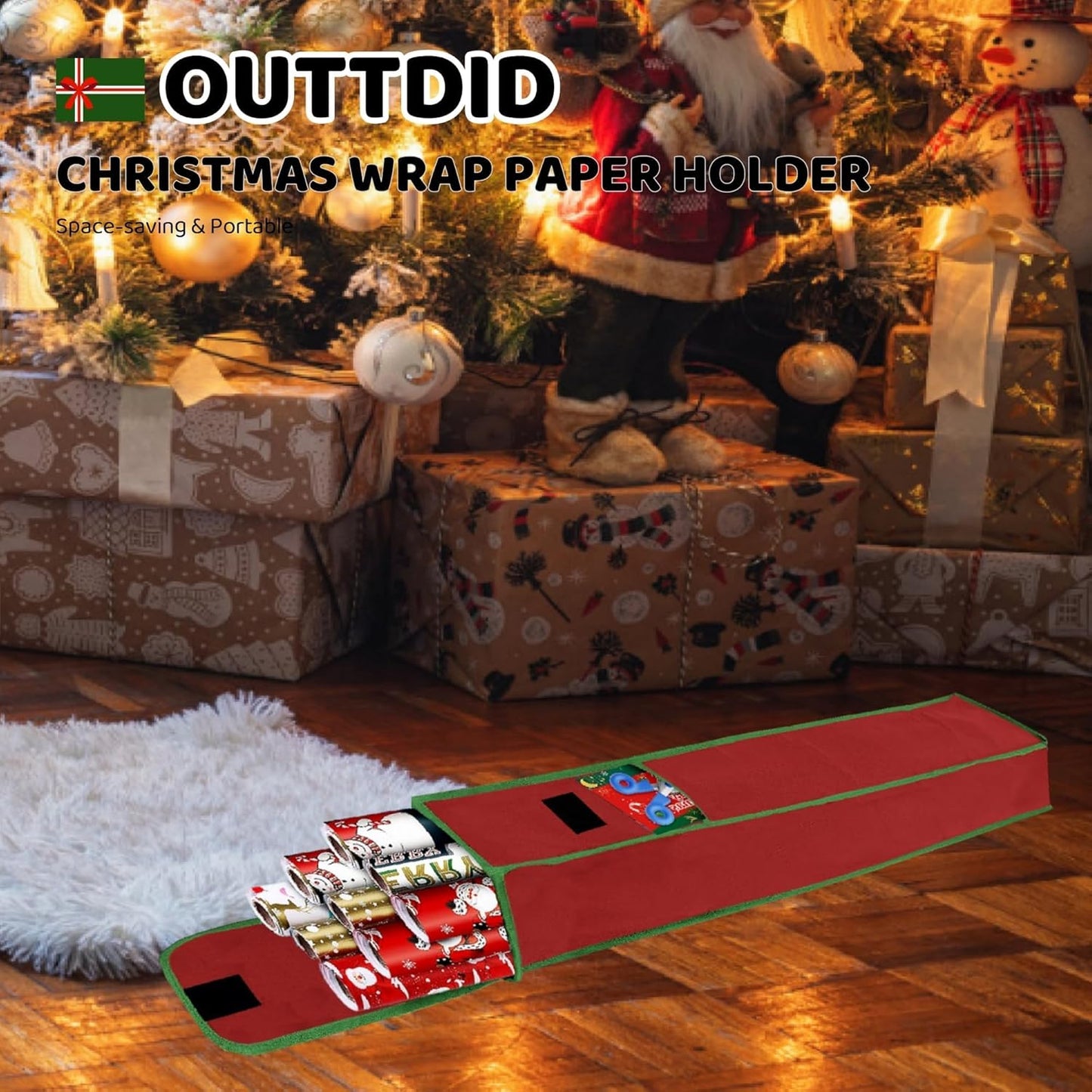 OUTTDID Wrapping Paper Storage Bag - 31" Gift Organizer with Pocket for 9 Standard Rolls - Red