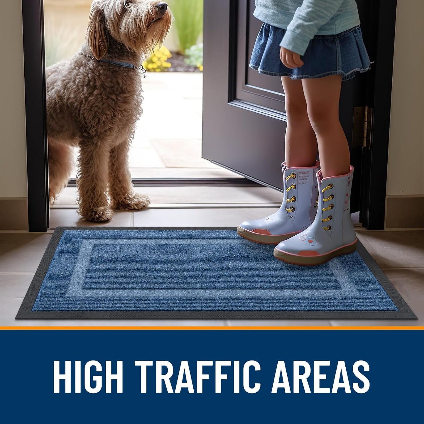 OLANLY Indoor Outdoor Front Door Mat - Waterproof All-Season Doormat, Sturdy Rubber, 71x23, Light Blue