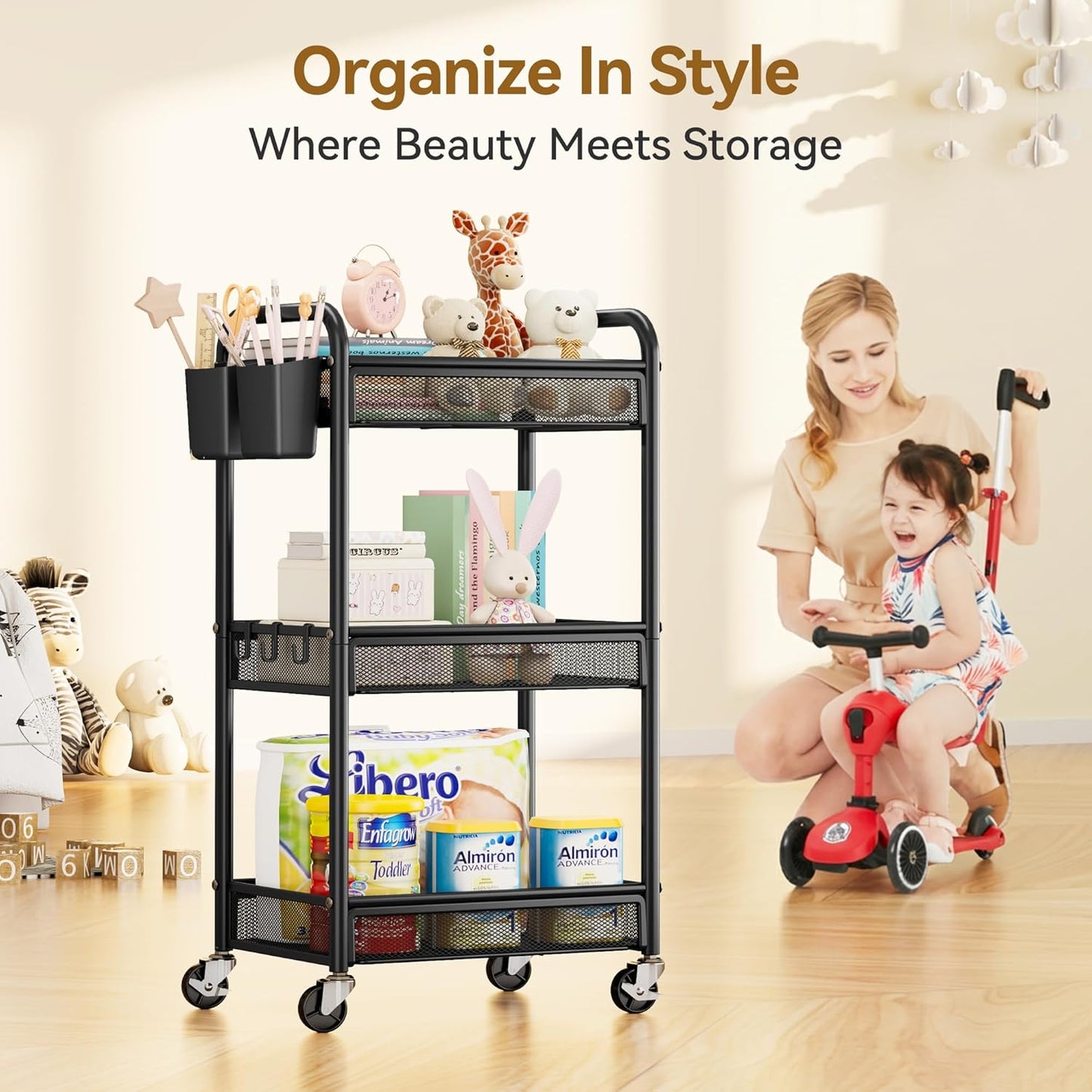 YASONIC 3-Tier Rolling Cart - Metal Utility Storage with Wheels, Hooks & Mesh Basket - Black