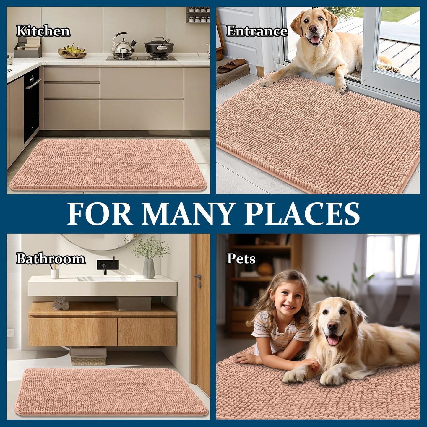 OLANLY Dog Door Mat - Absorbent Non-Slip Washable Doormat for Muddy Paws | 59x35, Quick Dry Chenille, Peach