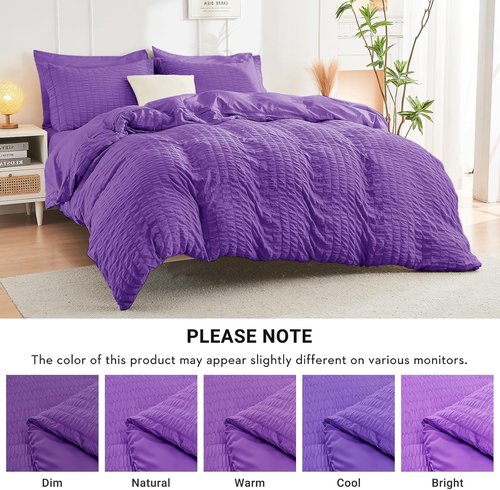HYMOKEGE Comforter Set - Luxury 7-Piece Bedding Set in Bright Purple | All-Season Seersucker Design