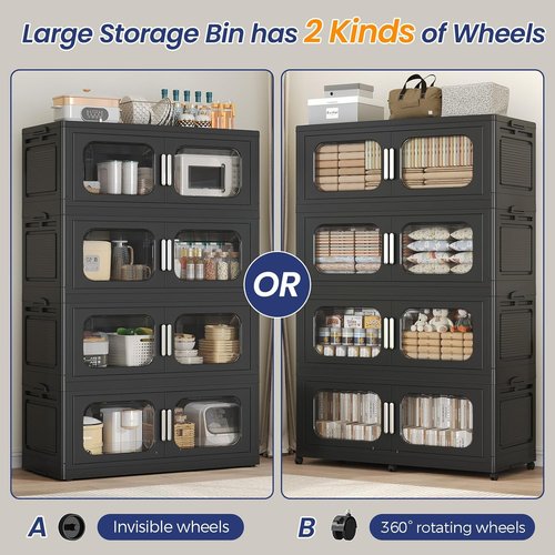 250GAL Extra Large Storage Bins - Stackable Collapsible Plastic Containers with Lid & Wheels | 5-Pack Black