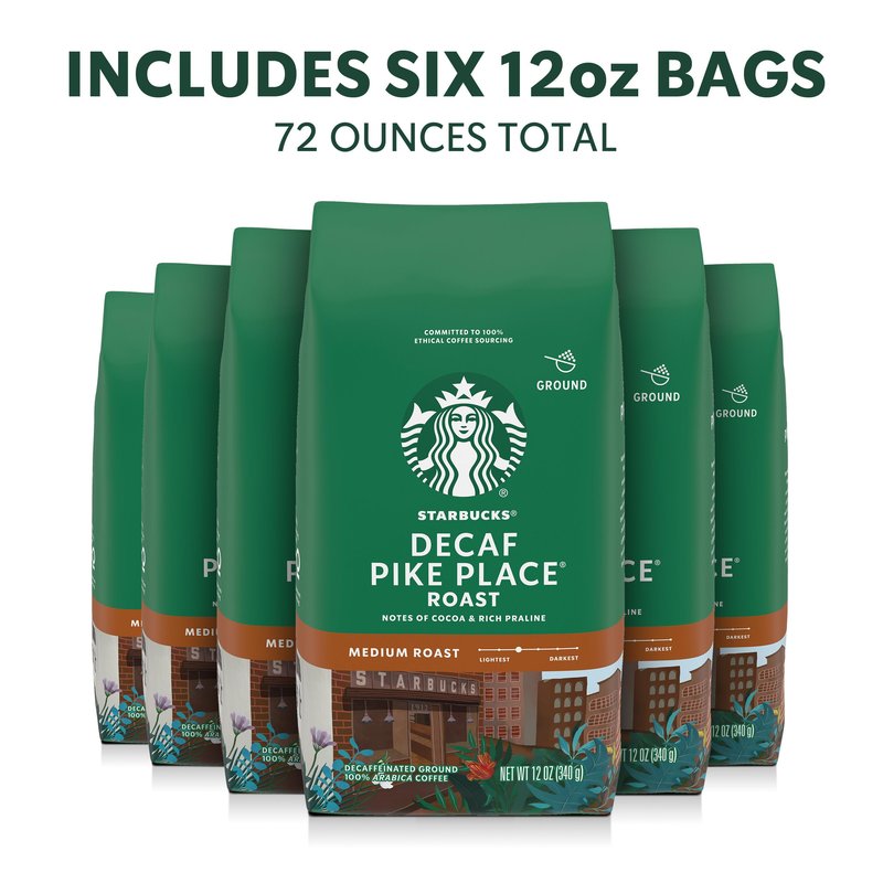 Starbucks Ground Coffee, Medium Roast Hot or Iced Coffee, Decaf Pike Place Roast, Six 12 oz Bags