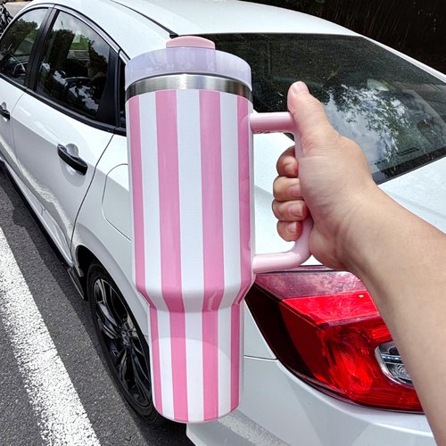 40 oz Traveler - Stripe Water Bottle with Handle & Flip Straw - Fits in Cup Holder, Leak Resistant Tumbler-Reusable Insulated Stainless Steel & Rubber Base - Gifts for Women & Men(Pink&White)