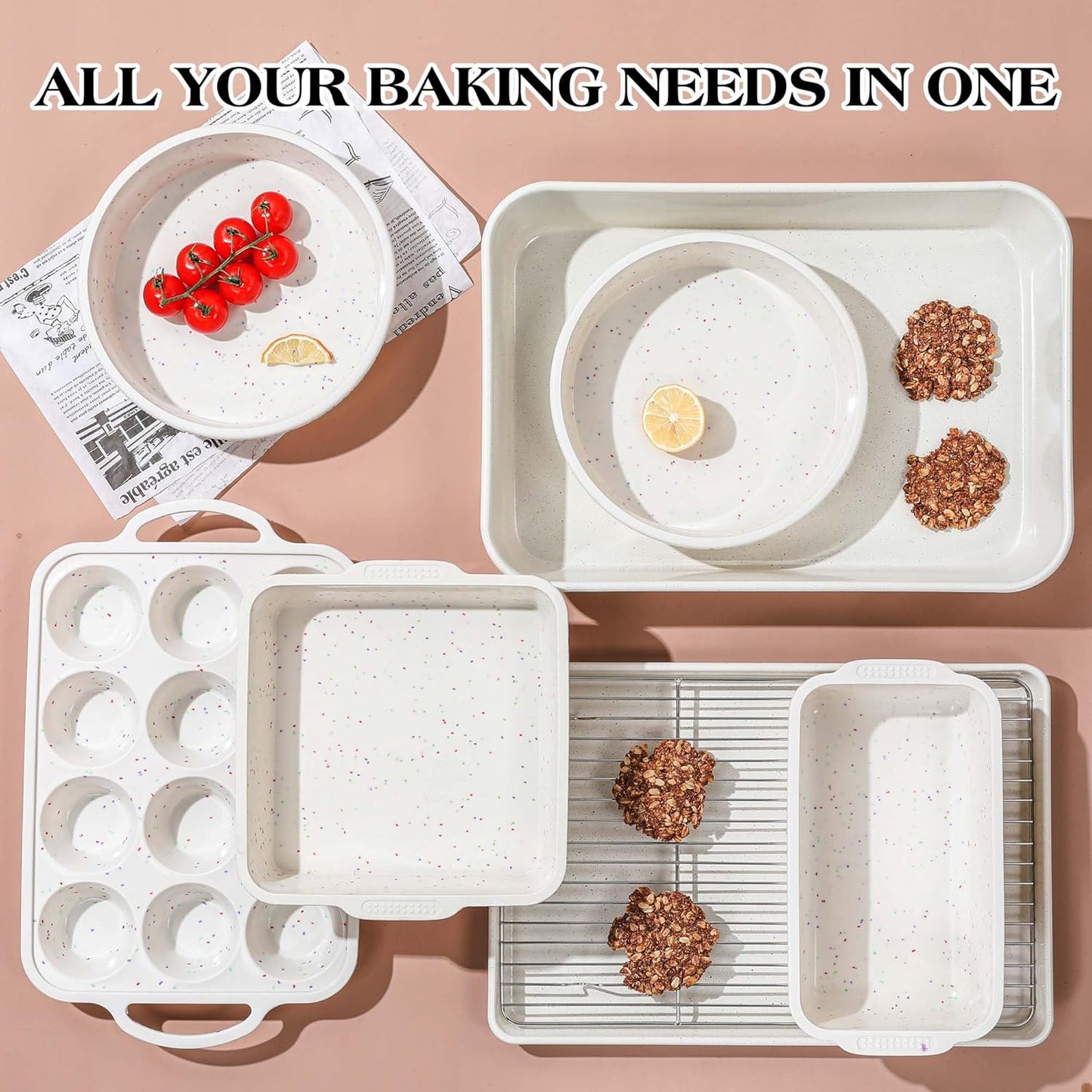 Skiennix Silicone Baking Pans Set - 8 Pcs Nonstick Bakeware with Metal Reinforced Frame | Cream Color