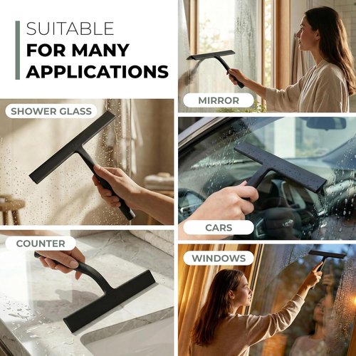 GÜTEWERK Silicone Shower Squeegee - Streak-Free Glass & Mirror Cleaner | 3-in-1 No-Drill Mount, Black, 9''
