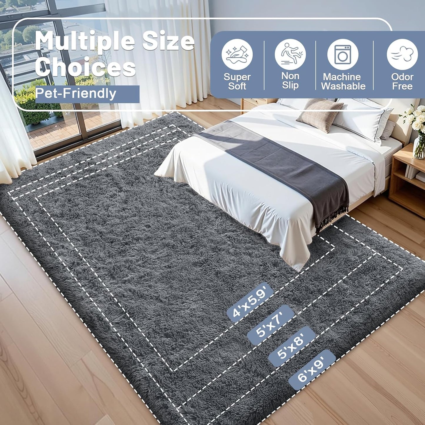OLANLY 2x8 Machine Washable Runner Rug - Soft Fluffy Shaggy Design for Bedroom & Hallway | Grey