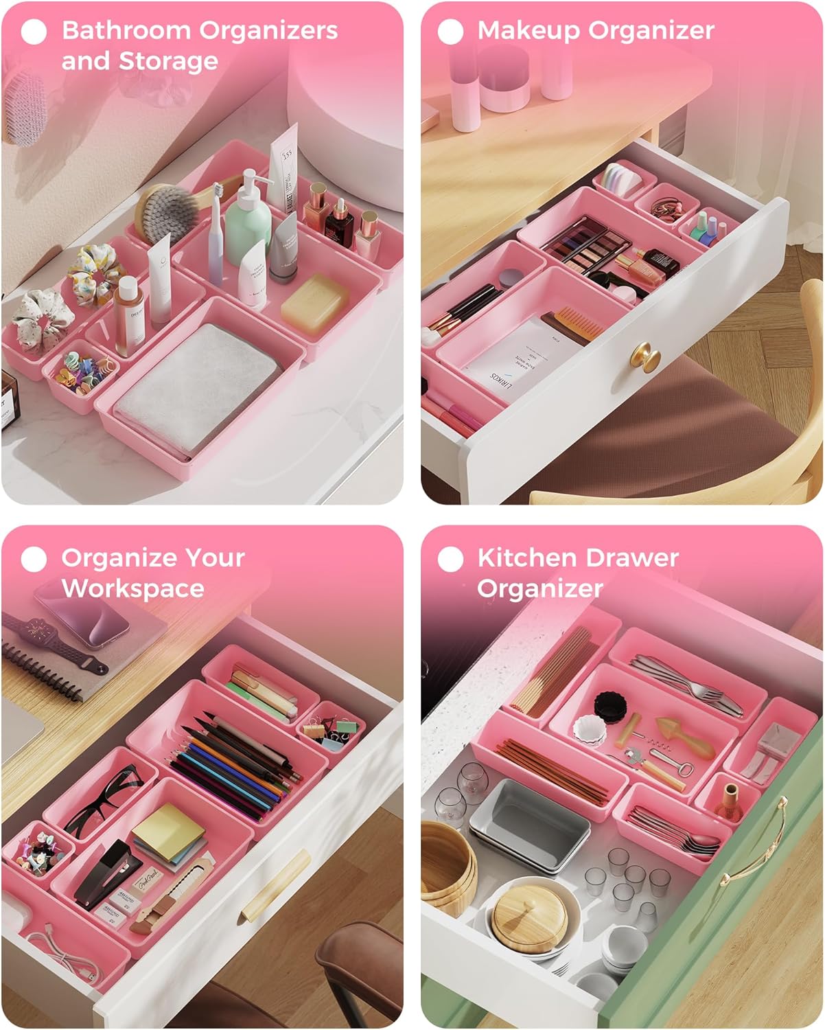 BiuLeon 25 PCS Plastic Drawer Organizers Set - Versatile Vanity & Makeup Storage | 4 Sizes in Pink