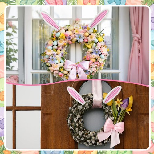 10 Inch Easter Bunny Ears Set with Wire Ties Plush Wreath Decoration Bunny Ears Decoration Accessories Bendable for Easter Wreath Accessories (White,Plaid)