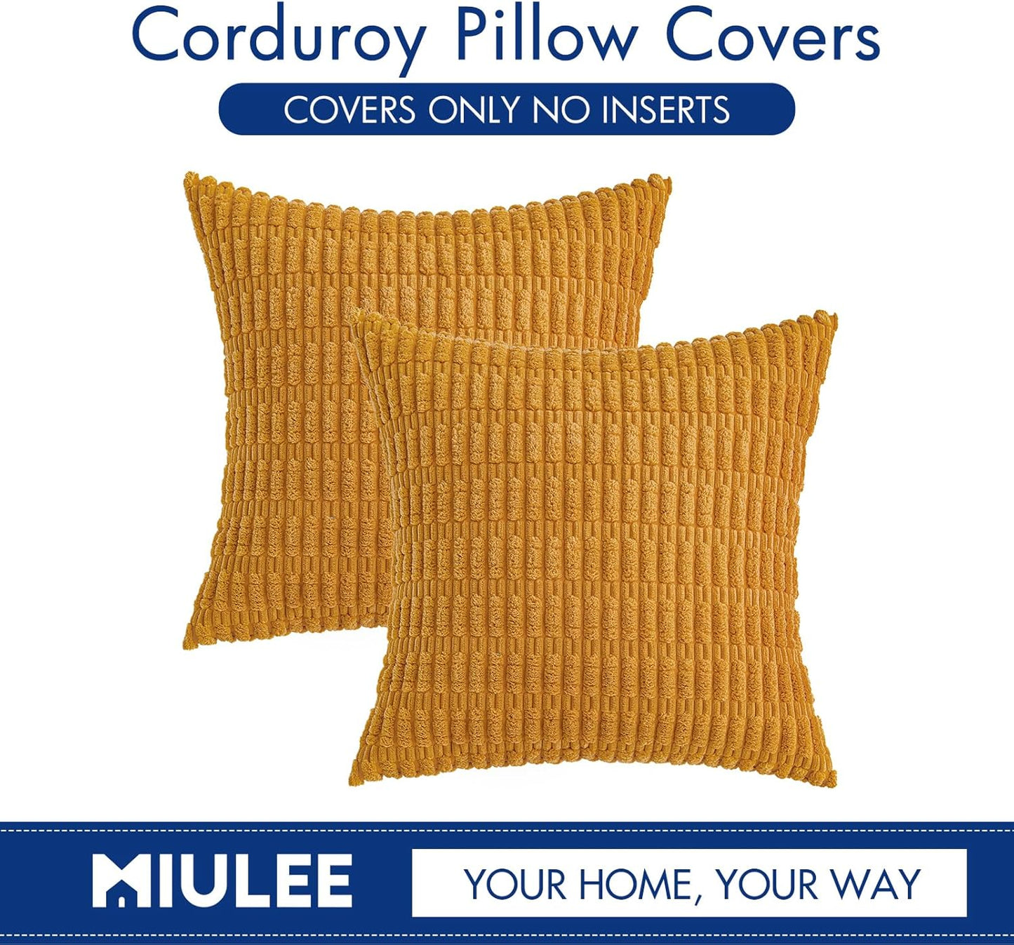 MIULEE Corduroy Throw Pillow Covers - Soft Boho Striped Design | 16x16 Inch, Gold Yellow, Set of 2