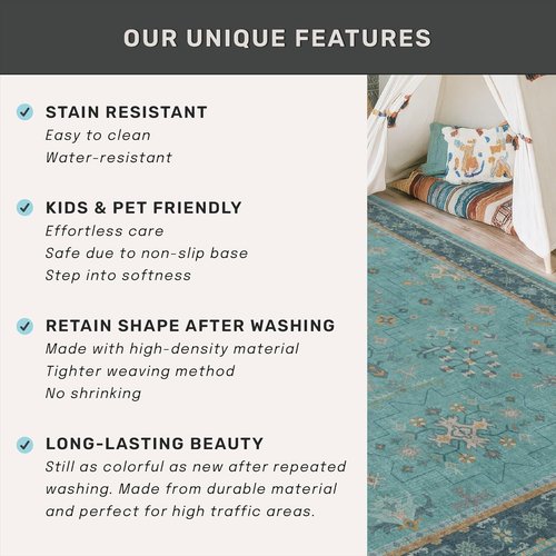 Boho Hallway Runner Rugs - Teal 2'6"x10' Washable Indoor Mats with Non-Slip Rubber Backing