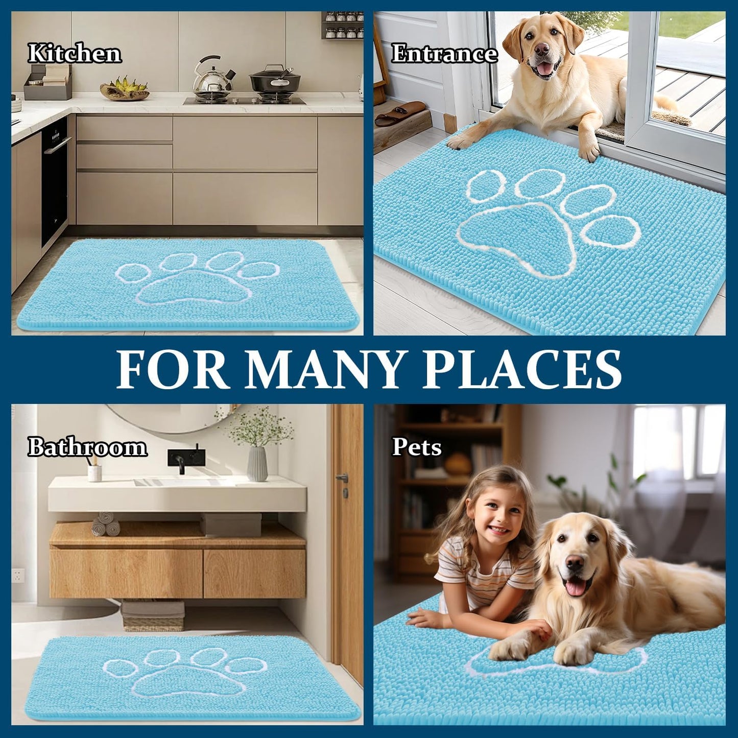 OLANLY Dog Door Mat - Absorbent Non-Slip Mud Mat for Paws | 30x20 Blue Chenille Design
