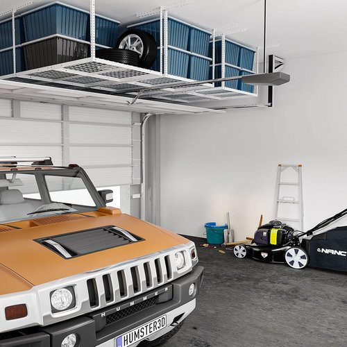 FLEXIMOUNTS 3x8 Overhead Garage Storage Rack - Heavy Duty Metal Ceiling Organizer | 2-Pack, White