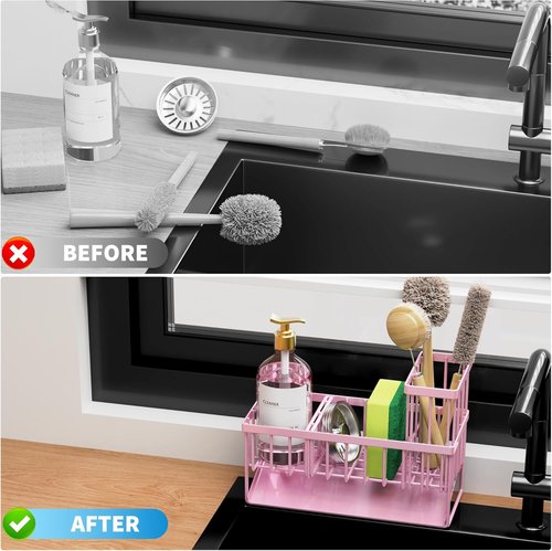 Cisily Pink Kitchen Sink Caddy Organizer - Rustproof 304 Stainless Steel with Brush & Sponge Holder