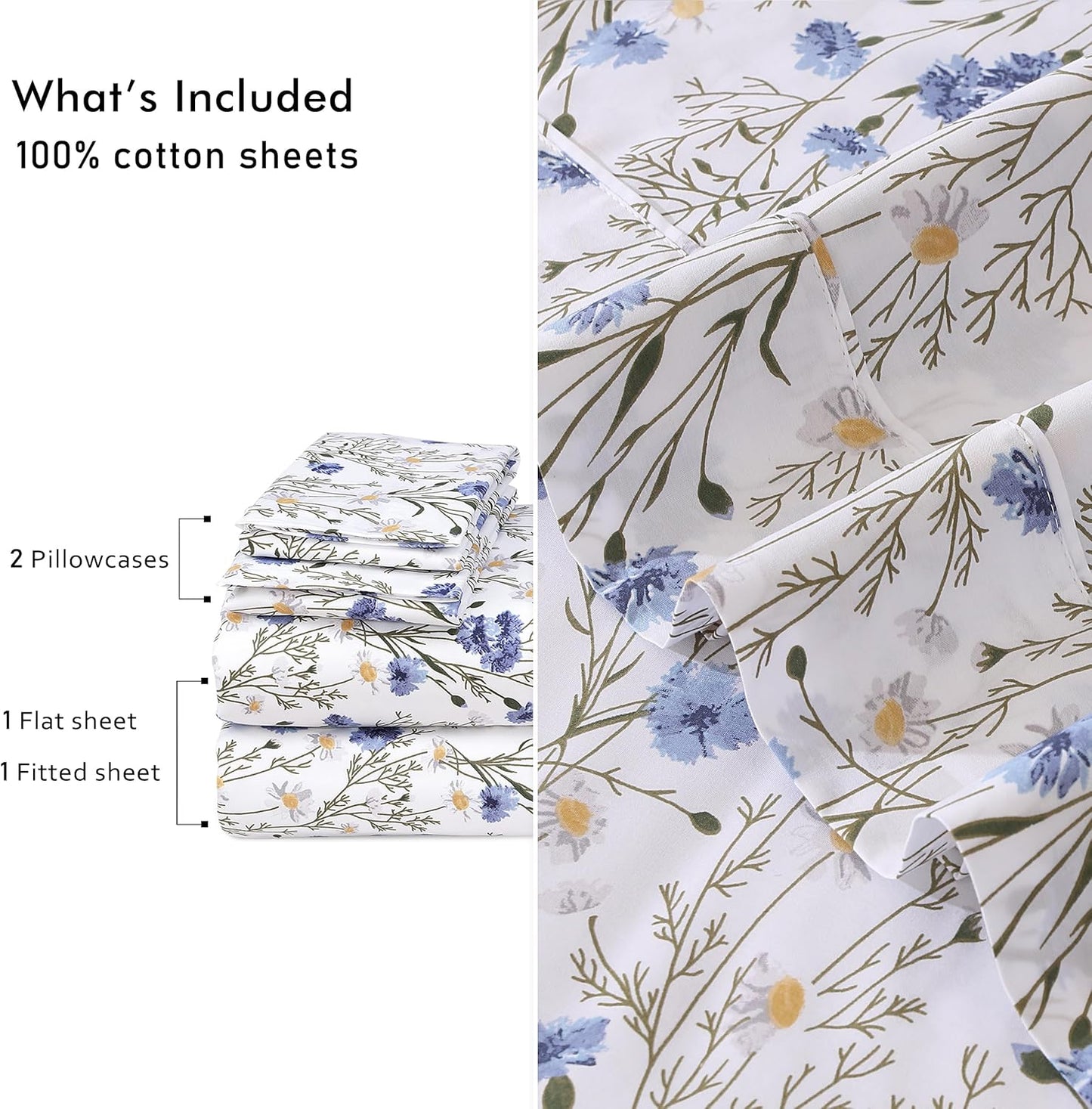 RUVANTI King Size Cotton Sheets - 100% Percale Bedding, Cooling Floral Design, 4-Piece Set, 16" Deep Pocket, Soft & Durable