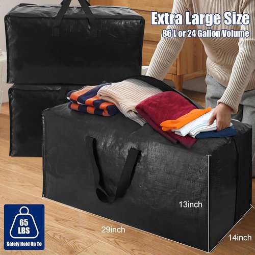 Cosy Family Extra Large Moving Bags - Heavy Duty Storage Totes with Backpack Straps & Strong Handles | Set of 4, Black