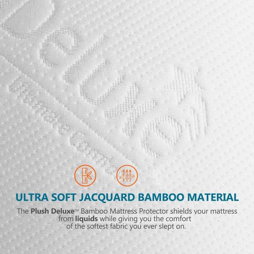 PlushDeluxe Premium Bamboo Mattress Protector – Queen Size, Waterproof, & Ultra Soft Breathable Noiseless Washable Bed Mattress Cover for Comfort & Protection - White