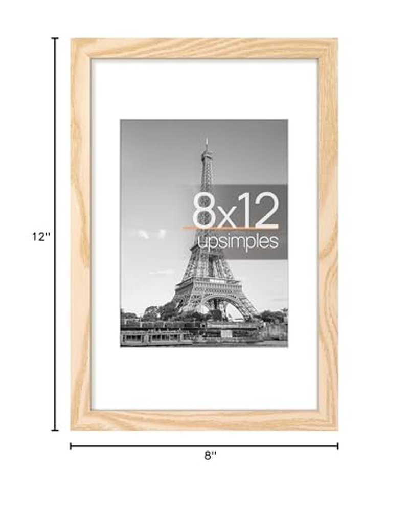 upsimples 8x12 Picture Frame, Display Pictures 6x8 with Mat or 8 x 12 Without, Wall Hanging Photo Frames, Natural, 1 Pack