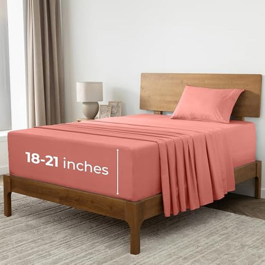 Mellanni Extra Deep Twin XL Sheets - 3 PC Iconic Collection Bedding - Hotel Luxury, Ultra Soft, Cooling Bed Sheets - Wrinkle, Fade, Stain Resistant (Twin Extra Long, Coral)