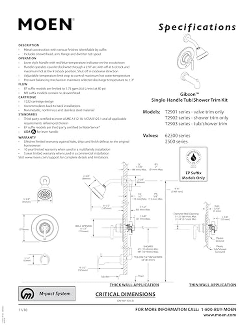 Moen Gibson Chrome Posi-Temp Pressure-Balancing Modern Valve Handle Only Trim, Valve Required, T2901