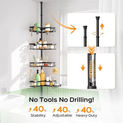 HAMITOR Shower Caddy Tension Pole - 4-Tier Rustproof Bathroom Organizer | Adjustable No-Drill Shelf - 47-123 Inch