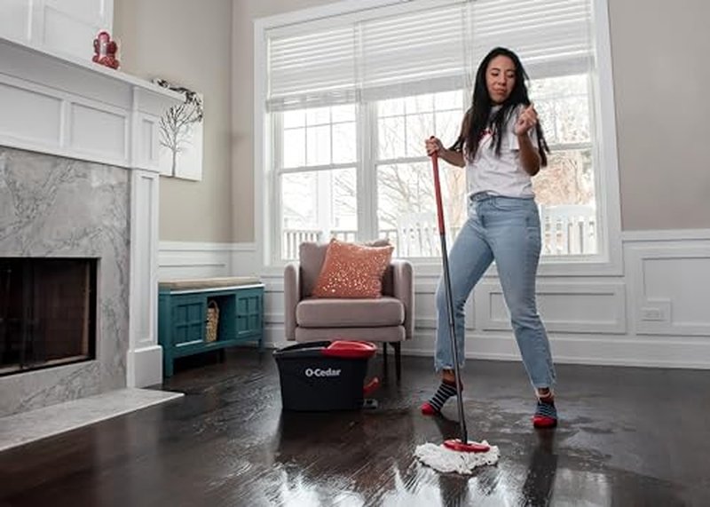 O-Cedar EasyWring Microfiber Spin Mop & Bucket Floor Cleaning System + 2 Extra Refills, Red/Gray