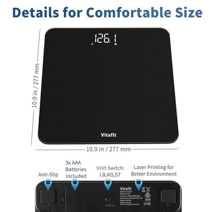Vitafit Scale for Body Weight, High Accuracy 0.1lb by Our Professional Factory Since 2001, Digital Weight Scale LED and Step On, 3*AAA Batteries Included, 400lb/182kg, Spray Silver Black