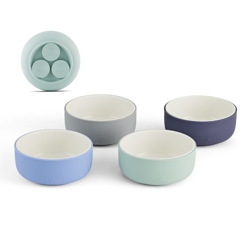 Elk and Friends Kids Porcelain Bowls with Silicone Suction Sleeves | Suitable for Babies/Toddlers | Microwave & Dishwasher Safe | Stay Put Dinnerware | Snack Dishes | 4 Pack