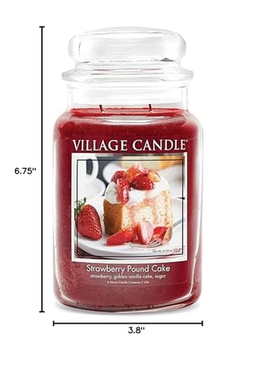 Village Candle Strawberry Pound Cake, Large Glass Apothecary Jar Scented Candle, 21.25 oz, Red