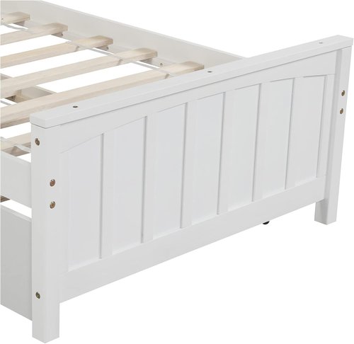 LostCat Twin Size Bed Frame - Solid Pinewood with Trundle & Headboard | No Box Spring Needed, White