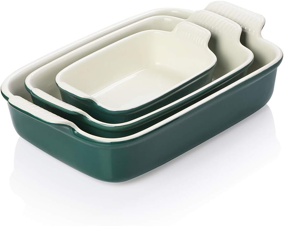Sweejar Baking Pans Set - Durable Ceramic 9x13 Baking Dish with Handle | 3-Piece Casserole Bakeware Set in Jade