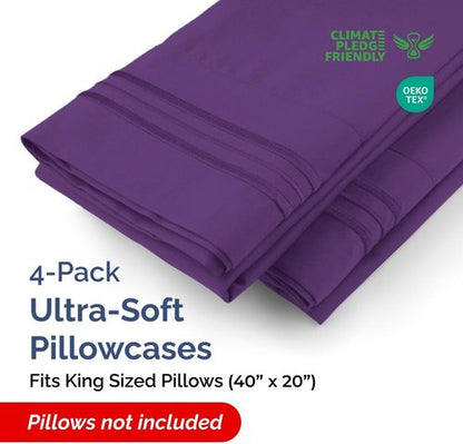 King Pillow Cases by [Brand Name] | Ultra Soft Hotel Quality - 4 Piece Set in Purple - Wrinkle Free & Machine Washable