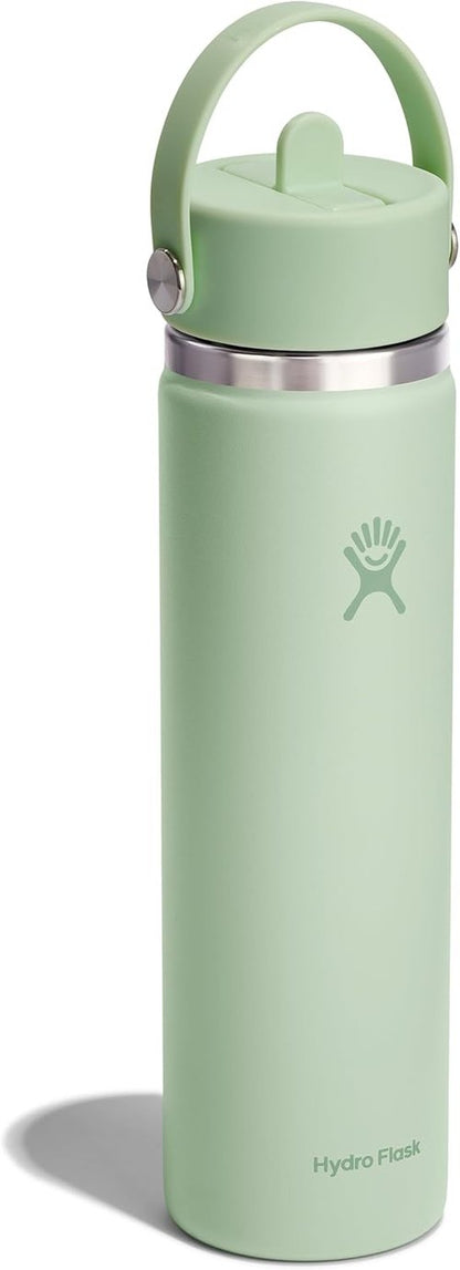 Hydro Flask Water Bottle - Insulated Stainless Steel with Wide Mouth Flex Straw Lid | 24 Oz Aloe Green, Leakproof & Refillable