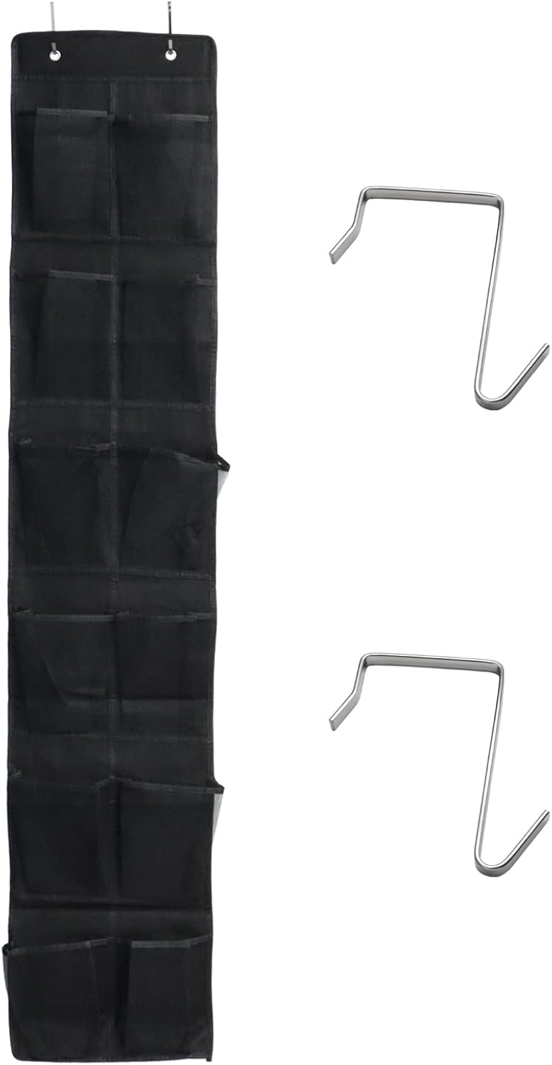 Over The Door Shoe Organizer - 12 Mesh Pockets for Easy Storage | Includes 4 Metal Hooks (Black)