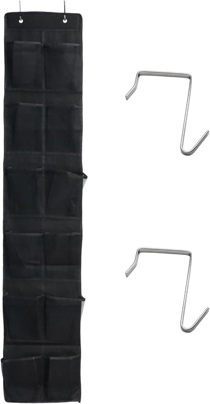 Over The Door Shoe Organizer - 12 Mesh Pockets for Easy Storage | Includes 4 Metal Hooks (Black)