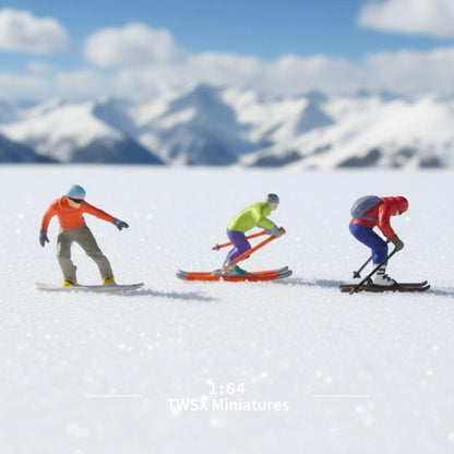Ski Team Miniature Models - 3pcs 1:64 Scale Skiing Figures for DIY Landscapes & Creative Scenes