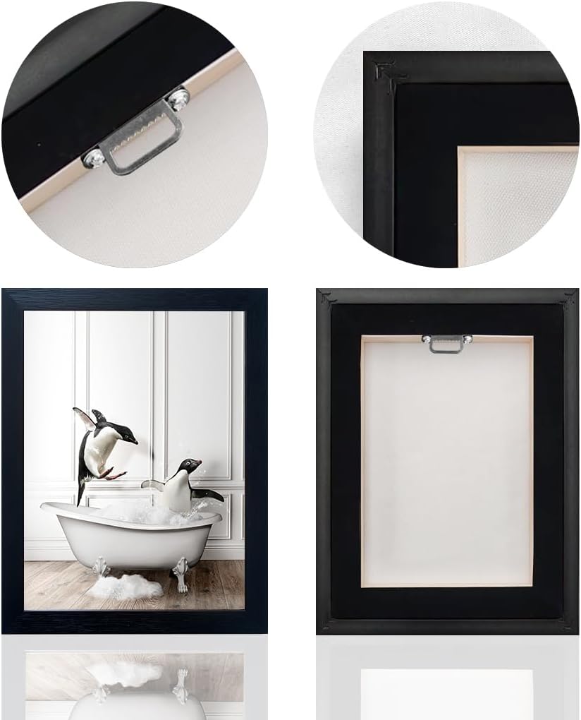 Skiennix Kids Bathroom Wall Decor - Funny Black & White Canvas Print of Cute Penguins in Bathtub